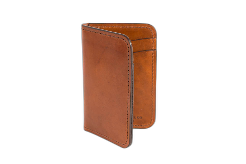 No.52 Buck Brown vertical wallet, open and standing