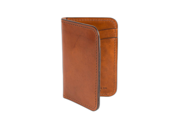 No.52 Buck Brown vertical wallet, open and standing